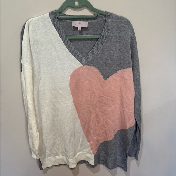 Laurie Felt Cashmere Blend Oversized v-neck Heart Sweater M Colorblock - Picture 2 of 7